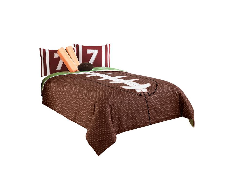 6 Piece Full Comforter Set with Football Field Print, Brown and Green - Benzara