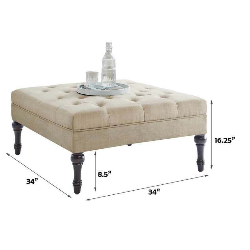 Classic Button-Tufted Linen Ottoman with Wooden Legs, Multi-Functional Footrest