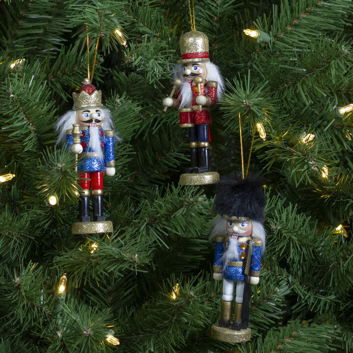 Set of 3 Glittery Nutcracker King  Soldier and Drummer Ornaments 5.25"