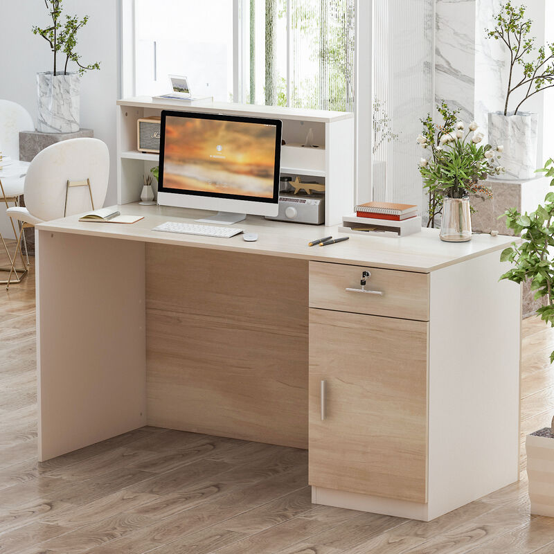Rectangular White Wooden Computer Desk, Writing Desk with Drawer, 4 Shelves and A Container, 55.1 in.W-23.6 in.D