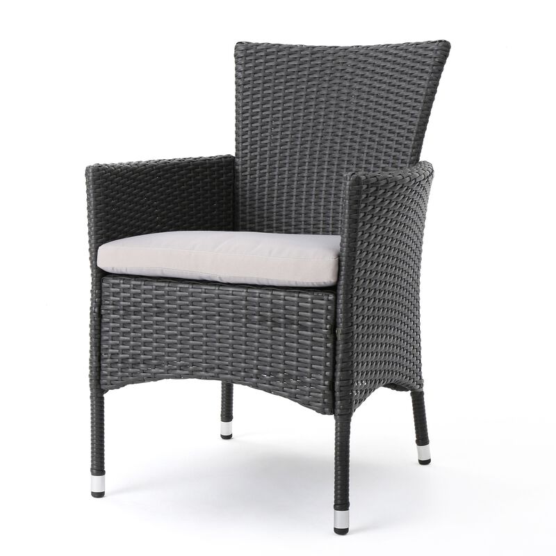 Marri Patio Dining Chair Set of 2, Ergonomic, Gray Wicker Design, Beige - Benzara