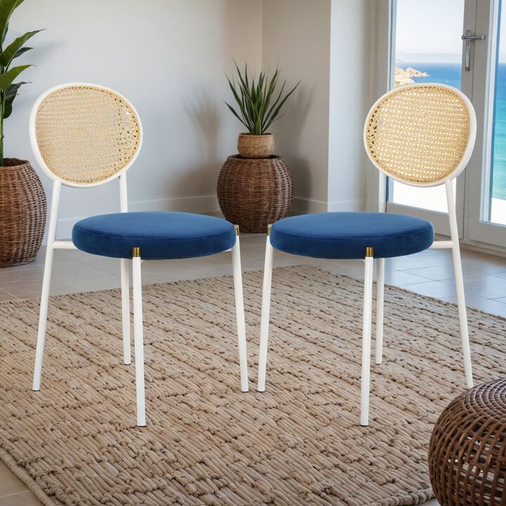 LeisureMod Velvet Dining Chair Rattan Back Side Chair Comfortable Kitchen Chair with Stainless Steel Base Euston Collection, Set of 2