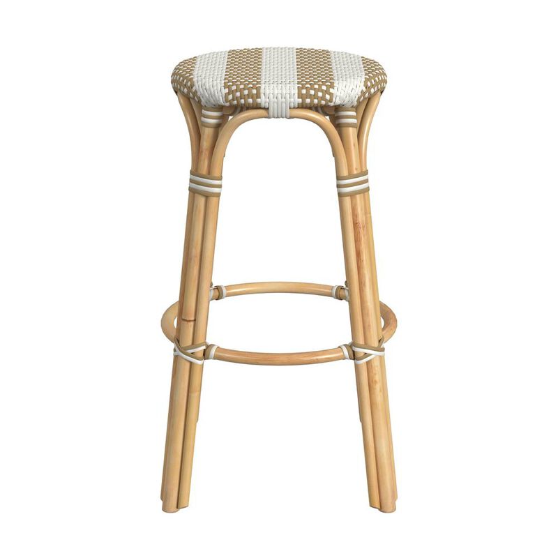 Butler Specialty Tobias Round Rattan 30 Bar Stool, Tan and White Stripe