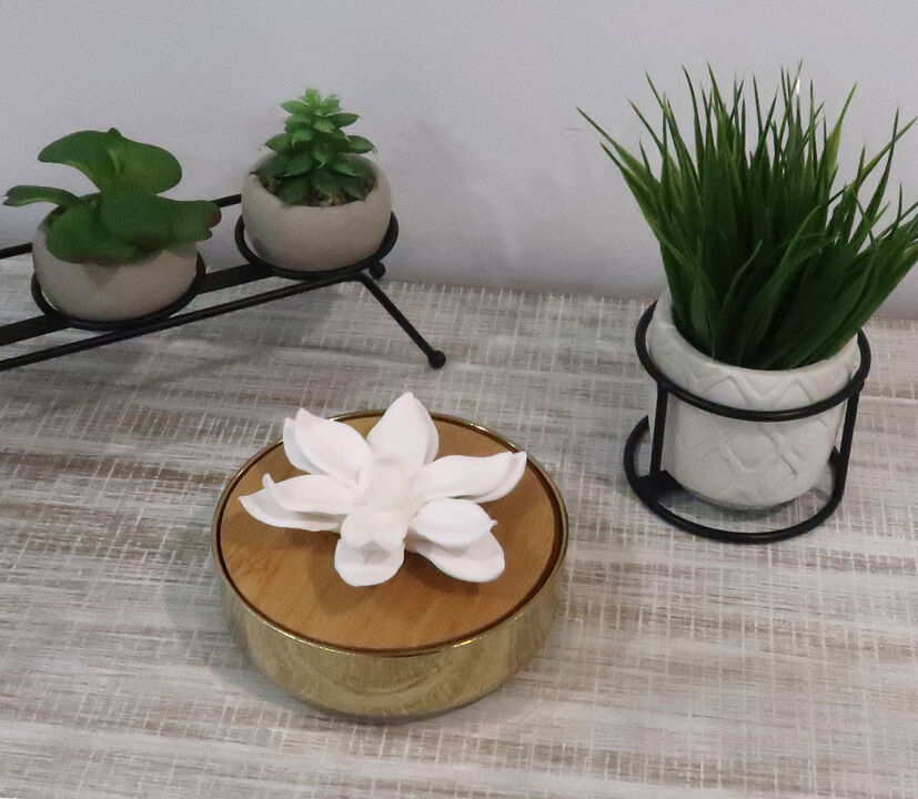 Gold Hemispheric Shaped Diffuser With White Flower, “Lily Of The Valley” Aroma