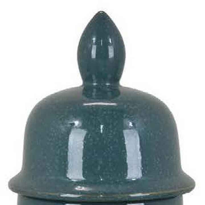 Caty 17 Inch Temple Jar, Finial Dome Lids, Classic, Ceramic, Green Finish - Benzara