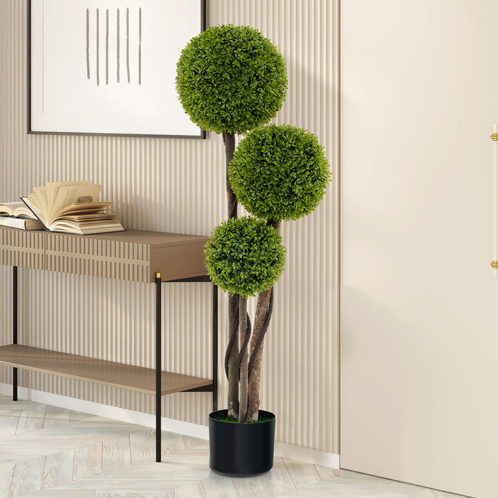 Faux Boxwood Topiary Plant with Triple Ball Design for Home Office Entryway-Green