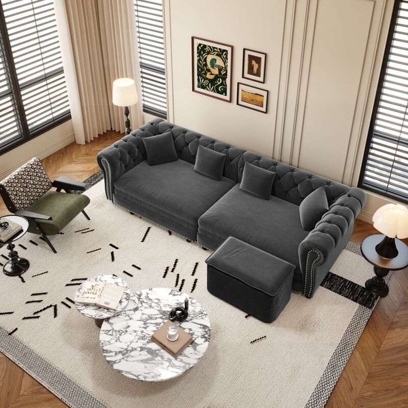 3-in-1 Pull-Out Sleeper Sofa, Velvet Chesterfield Sofa with Rolled Arms and Tufting, 89 Inch Convertible Sofa Bed with Ottoman image number 1