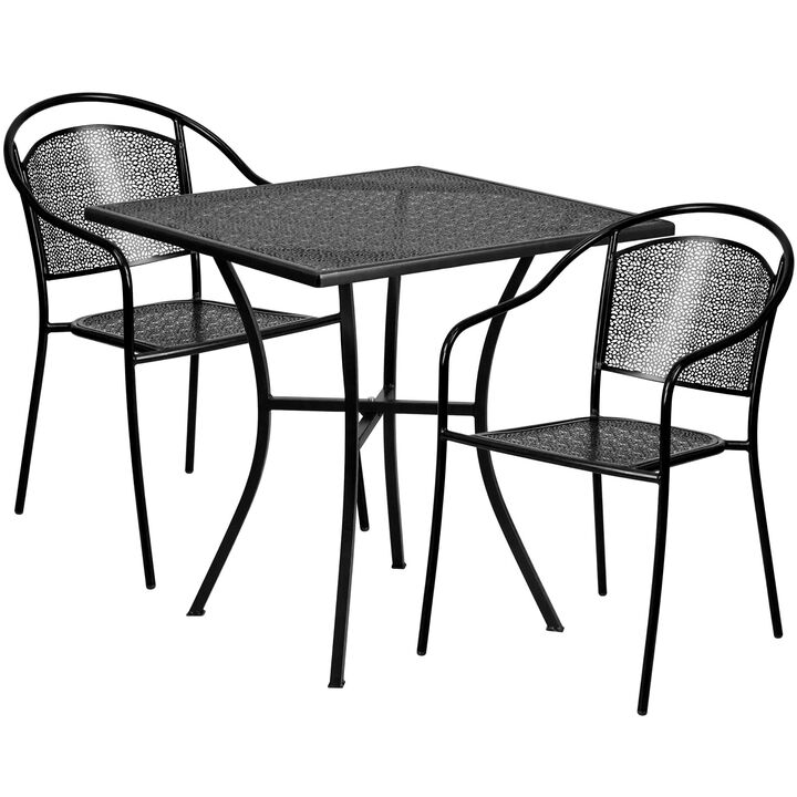 Flash Furniture Commercial Grade 28" Square White Indoor-Outdoor Steel Patio Table Set with 2 Round Back Chairs
