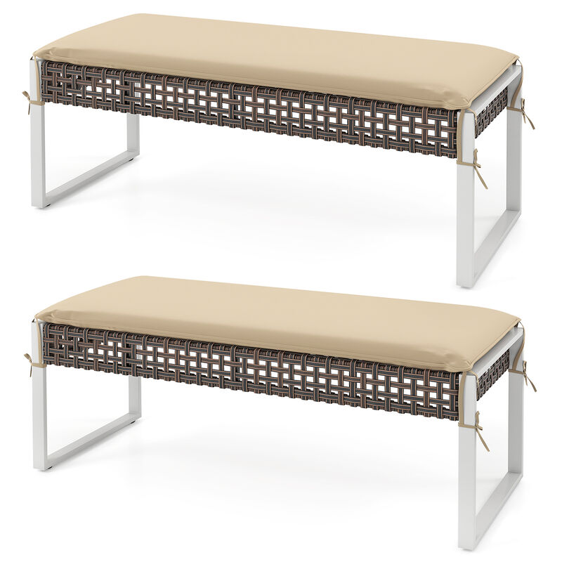 Set of 2 Rectangular Ottomans with Metal Legs and Cushioned Seats-Beige image number 0