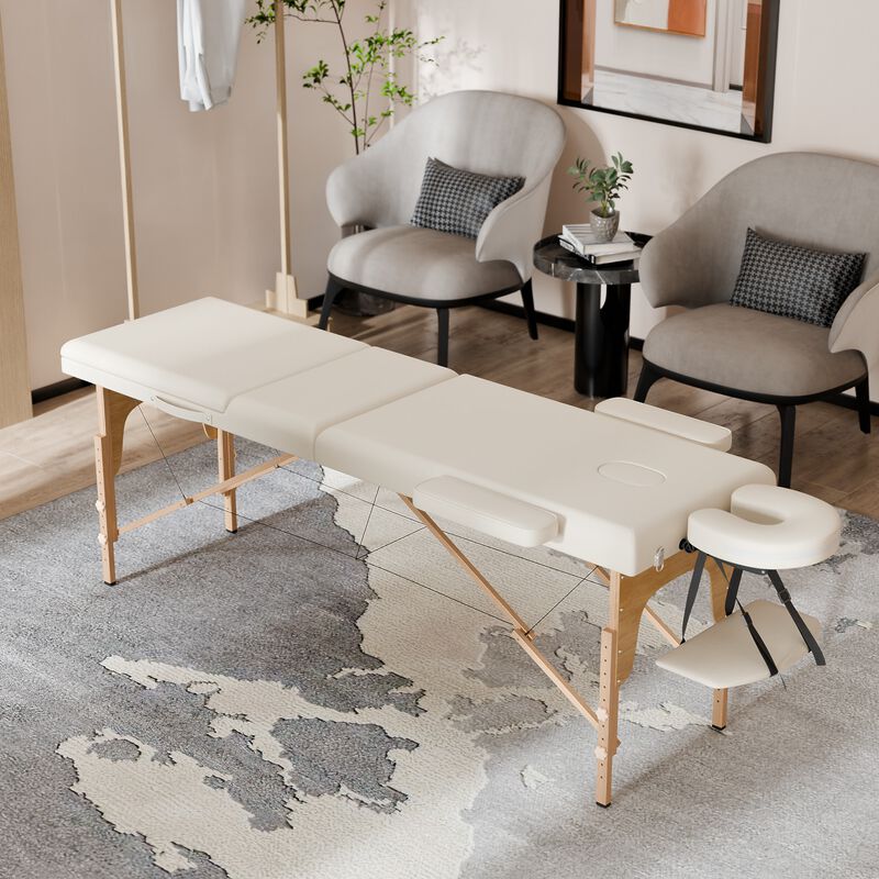 FUFU&GAGA Portable Folding Massage Bed with Solid Wood Legs & Metal Frame, Beige PVC Leather Top (Open: 84.2 in. W x 21.2 in. D x 26.7 in. H / Folded: 36.2 in. W x 7 in. D x 21.2 in. H), Beige