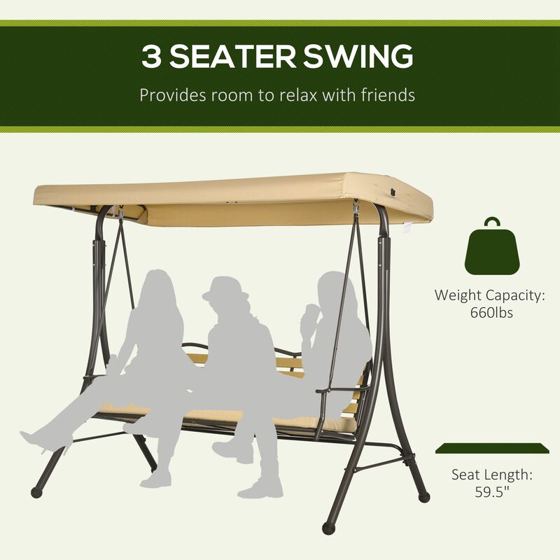 Outsunny 3-Seat Patio Swing Chair, Porch Swing Glider with Seat Cushion, Adjustable Canopy, Weather Resistant Steel Frame, for Porch, Garden, Poolside, Backyard, Beige