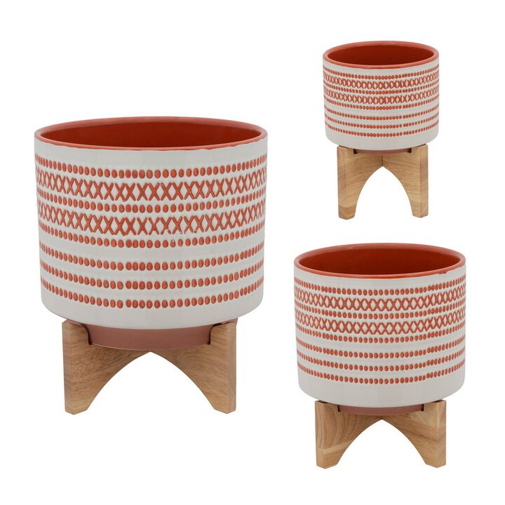 Ceramic Planter with Engraved Tribal Pattern and Wooden Stand, Large, Orange- Benzara