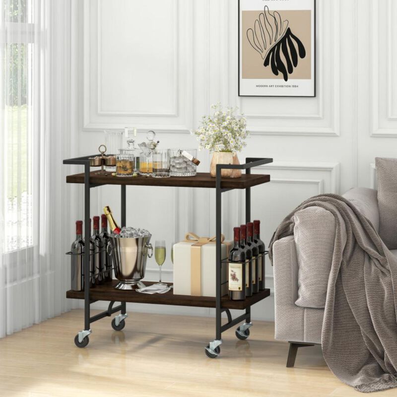 Hivvago 2-Tier Home Bar Cart with Lockable Wheels and Heavy-Duty Metal Frame