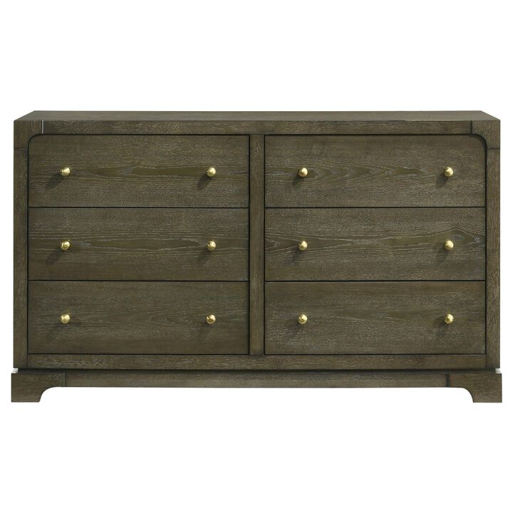 Seon Wide Dresser, 6 Drawers with Brass Knobs, Dark Cocoa Brown Wood - Benzara