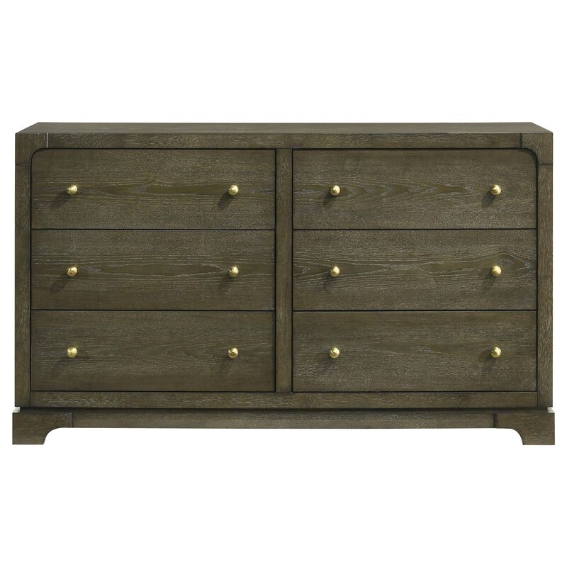 Seon Wide Dresser, 6 Drawers with Brass Knobs, Dark Cocoa Brown Wood - Benzara