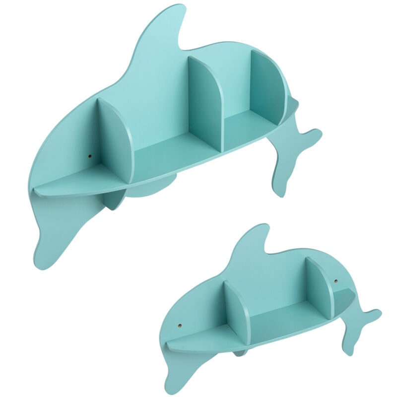 Set of 2 Wall Mounted Dolphin Shelves for Kids Room Decor and Storage-Blue image number 0