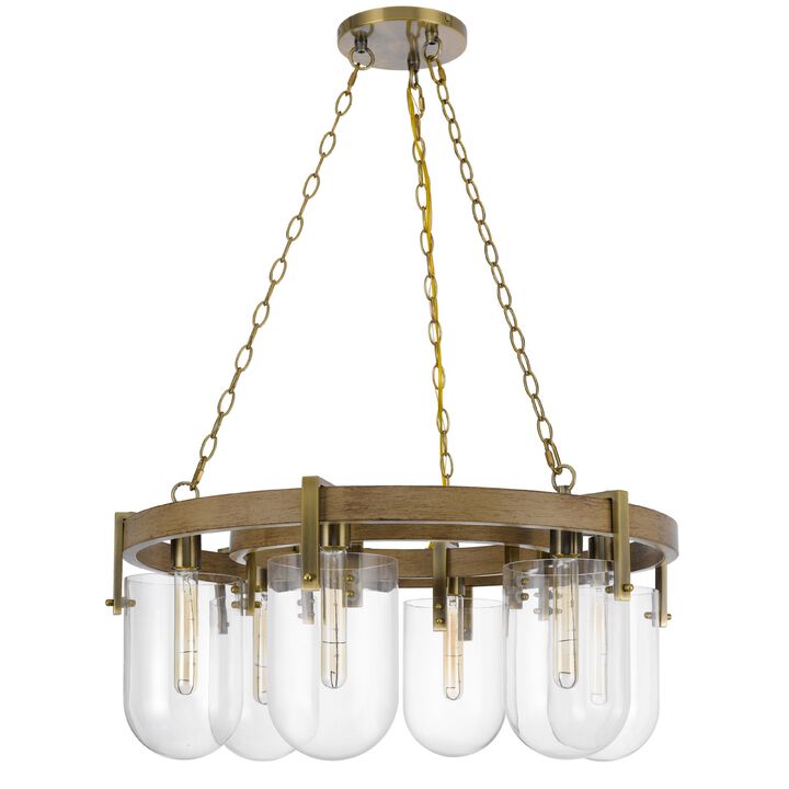 Chandelier, Wagon Wheel Style, 6 Glass Shades, Antique Brass 30 Inch