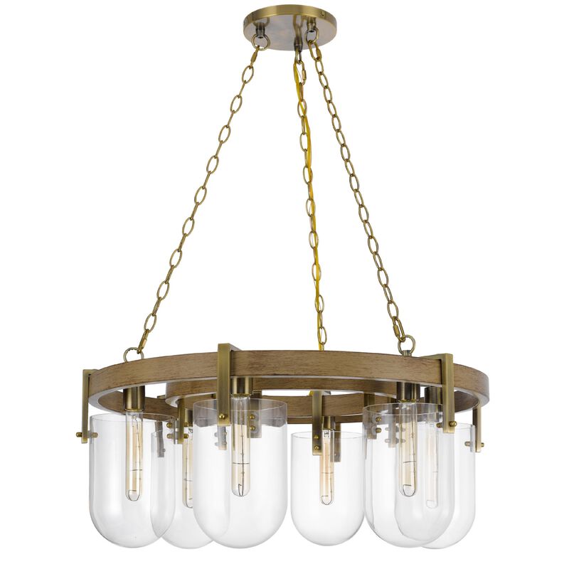 Chandelier, Wagon Wheel Style, 6 Glass Shades, Antique Brass 30 Inch image number 0