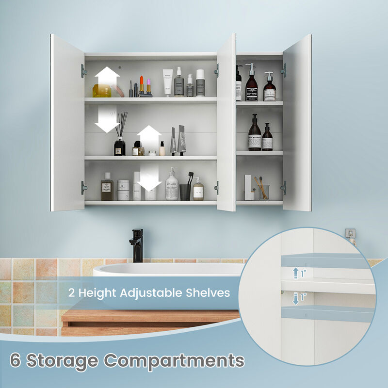 Frameless Bathroom Wall Mounted Mirror Cabinet with 3 Doors and Adjustable Shelves