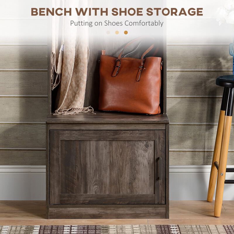 Brown Entryway Organizer: Hall Tree with Shoe Bench & Coat Rack