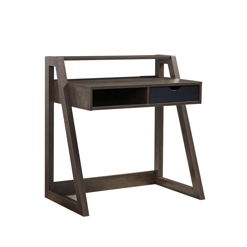 Walnut Oak & Black Home Office Desk with Lifted Shelf and USB/Power Outlet