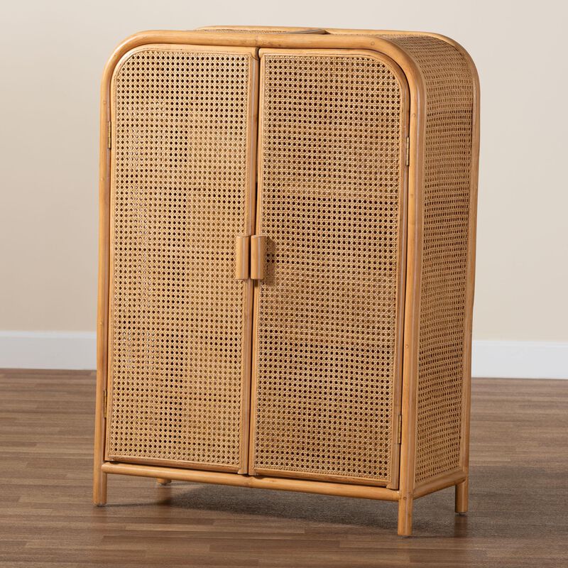 bali & pari Curacao Modern Bohemian Light Honey Rattan 2-Door Storage Cabinet