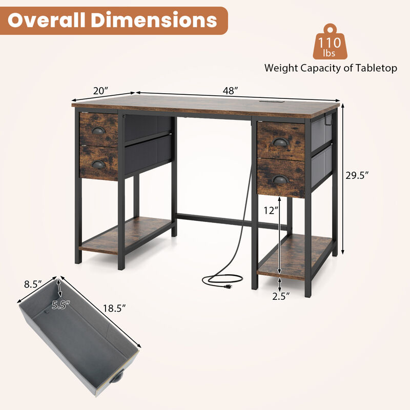Home Office Computer Desk with Charging Station & 4 Fabric Drawers, Study Work Desk image number 2