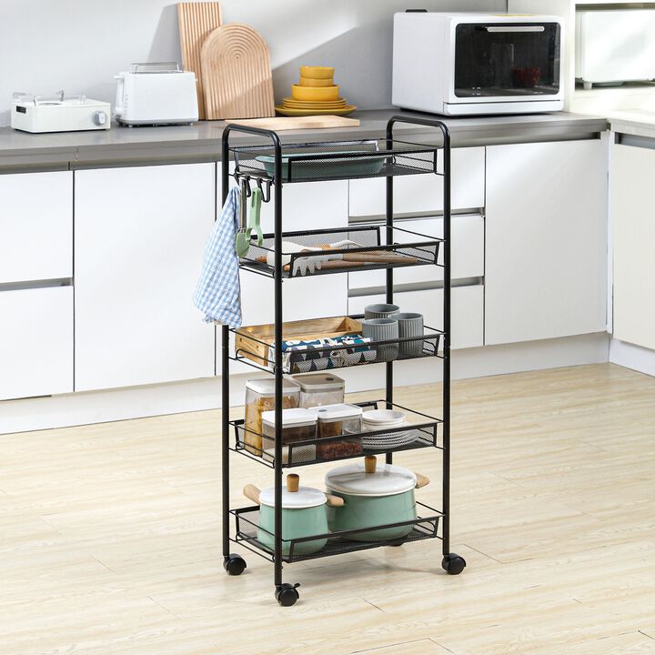 5 Tier Utility Rolling Cart, Metal Storage Cart, Kitchen Cart with Removable Mesh Baskets, for Living Room, Laundry, Garage and Bathroom, Black