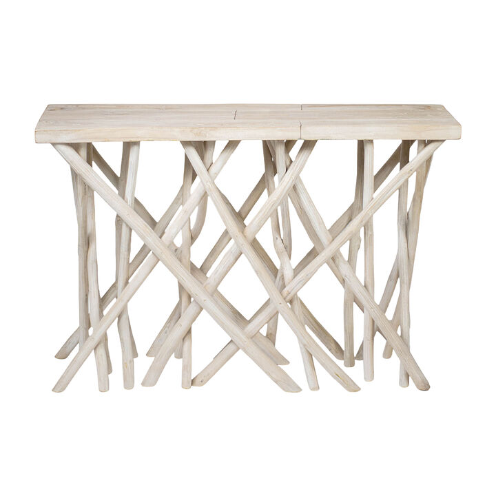 Kyra 47 Inch Sofa Console Table, Solid Teakwood Branch Legs, Whitewash Finish