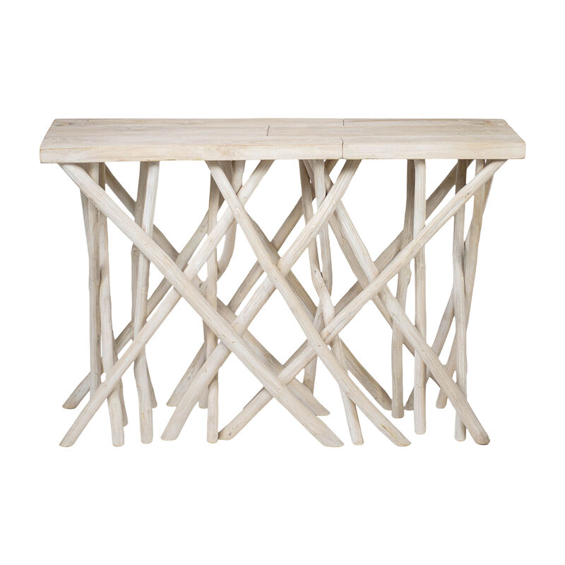 Kyra 47 Inch Sofa Console Table, Solid Teakwood Branch Legs, Whitewash Finish image number 0