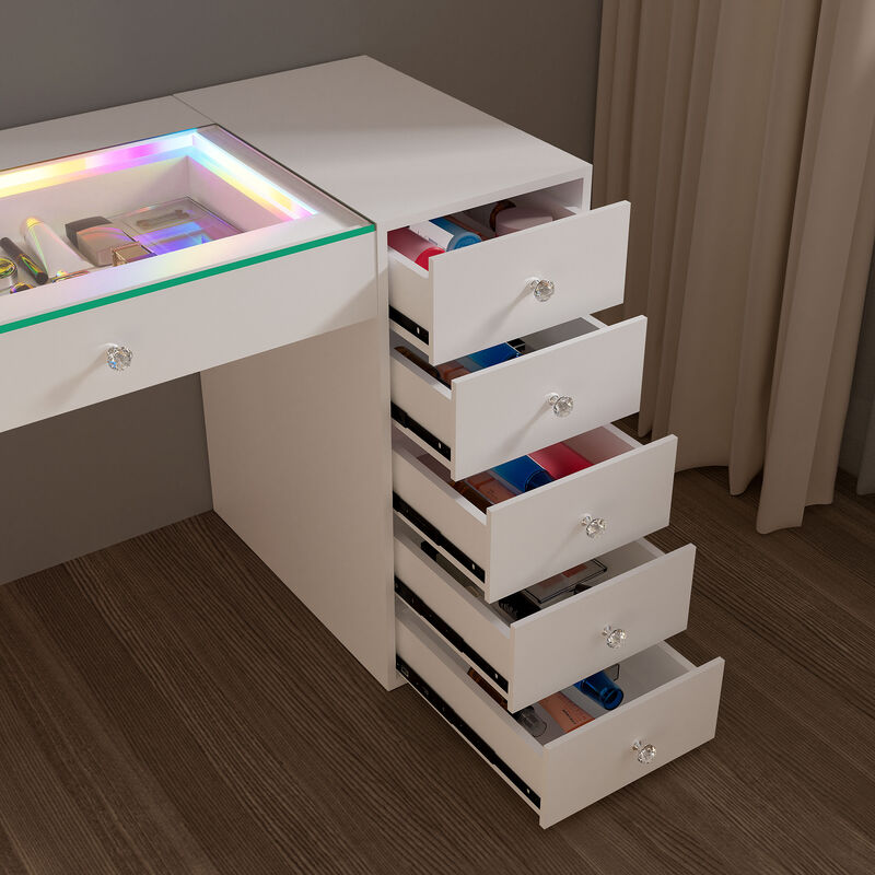 VANITII 11 Drawers Modern Makeup Vanity Desk  with RGB Lights for Bedroom White 3 packages (Need Assembled by yourself)