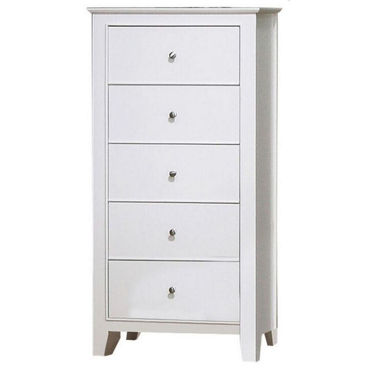 Nee 48 Inch Tall Dresser Chest, 5 Drawers with Silver Knobs, Matte White - Benzara