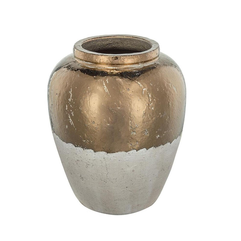 HomeRoots 16" Antiqued Bronze And Light Gray Color Block Ceramic Round Jug Vase image number 3