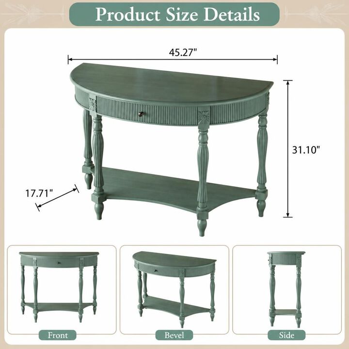GOODSILO Solid Wood Half Moon Console Table with Drawer and Open Shelf, Fluted Vintage Curved Entryway Table for Narrow Hallway Living Room Foyer