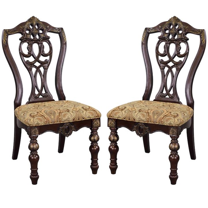 Fabric Upholstered Wooden Side Chair With Intricate Back, Set of 2 , Cherry Brown-Benzara