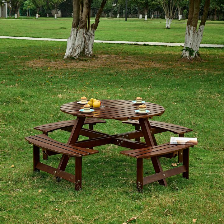WOW PIONEEROutdoor 8-Person Round Picnic Table Set with 4 Built-in Benches & Umbrella Hole Ideal for Garden Backyard Porch Patio Family Gatherings and Outdoor Dining