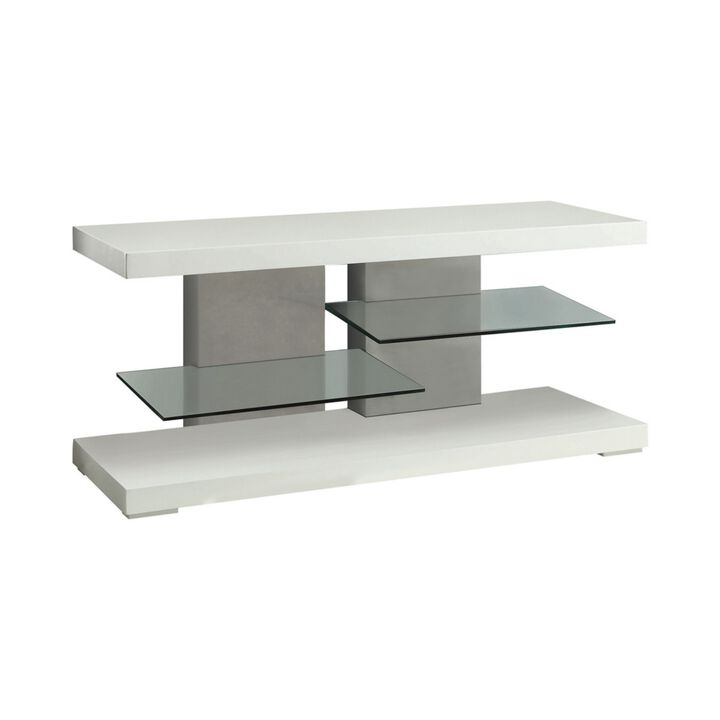 Charming white tv console with Alternating Glass Shelves-Benzara