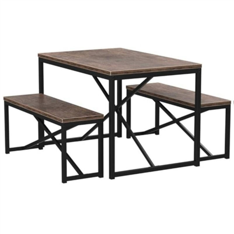 Modern Dining Table Set with Wood Top and Metal Frame Includes 2 Benches