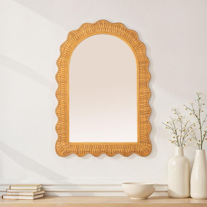 Arched Wall Mirror with Scalloped Woven Rattan Frame