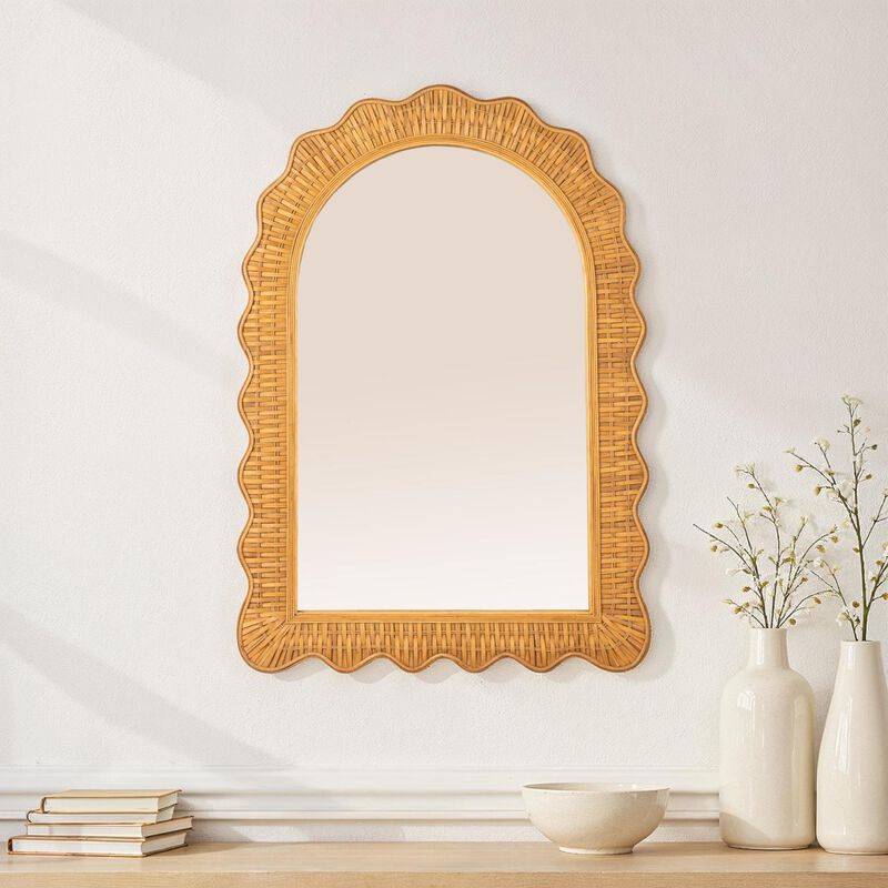 Arched Wall Mirror with Scalloped Woven Rattan Frame image number 1