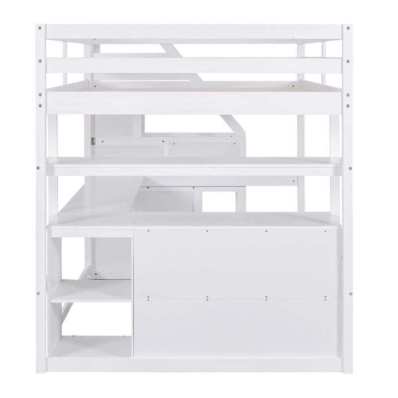 Merax  Loft Bed with Desk and Shelves, Two Built-in Drawers