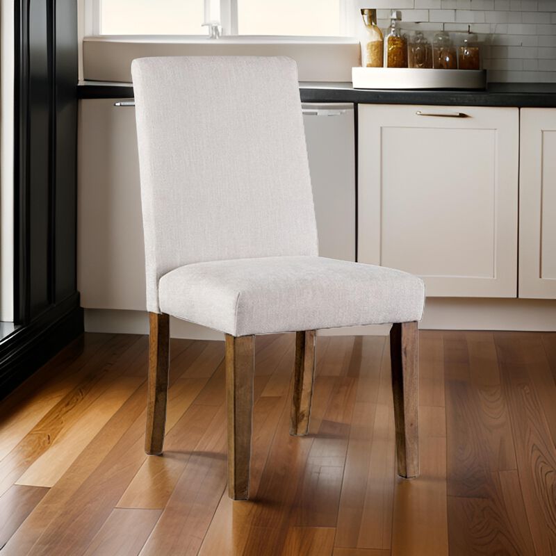 Jule Side Chairs Set of 2, Brown Solid Wood, Soft White Fabric Upholstery - Benzara