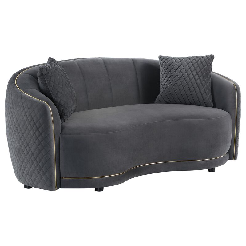 Buo Curved Loveseat, 73 Inch Dark Gray Polyester, Gold Trim, 2 Pillows - Benzara
