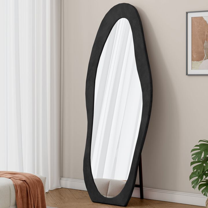 Full Length Mirror 63 x 24 Irregular Wavy Floor or Wall Mirror with Flannel Wrapped Wooden Frame for Bedroom Living Room