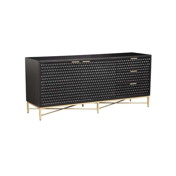 Rexi 64 Inch TV Media Entertainment Center Console, 3 Drawers, Black, Gold - Benzara