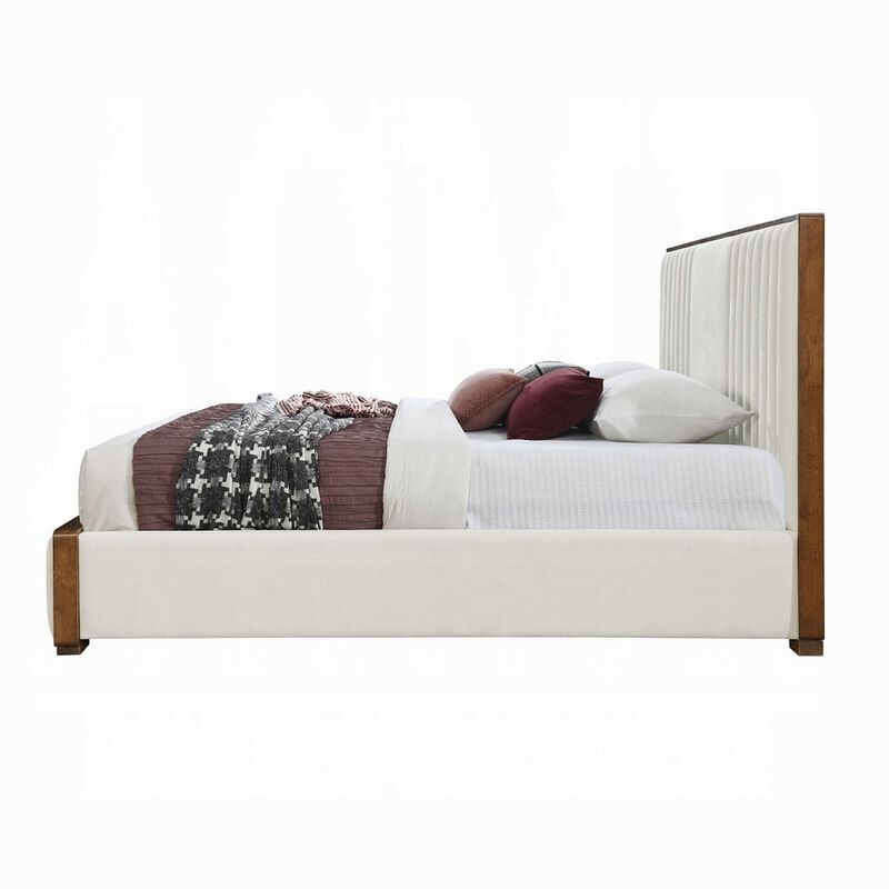 Lesa Queen Bed, Channel Tufted Beige Chenille Upholstery, Walnut Brown