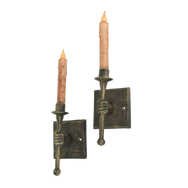 Set of 2 Cast Iron Antique Bronze Finish Torchbearer Wall Sconce Candle Holders