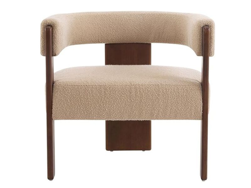 Accent Chair &ndash; Dark Beige Boucle Barrel Armchair with Cushion & Wooden Frame, Nettie image number 0