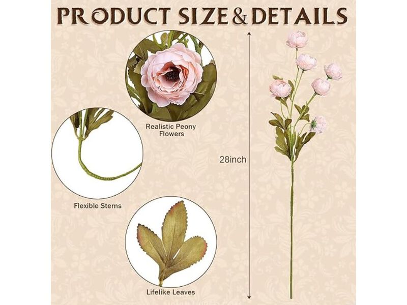 8 Piece Pink Artificial Peony Flower Stems Vase Filler Silk image number 2