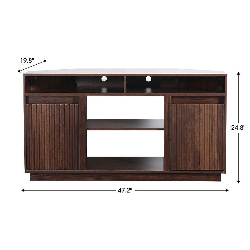 47" Dark Walnut Mid-Century Modern Wood Fluted Door Corner TV Stand Media Console with Open Shelf and Cabinet for TVs up to 50" image number 5